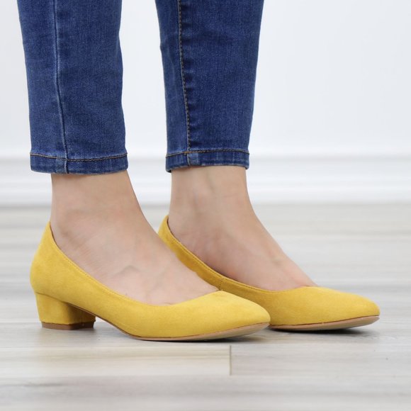 Mustard Faux Suede Close Round Toe Kitten Low Block Heel Pumps - Picture 9 of 13